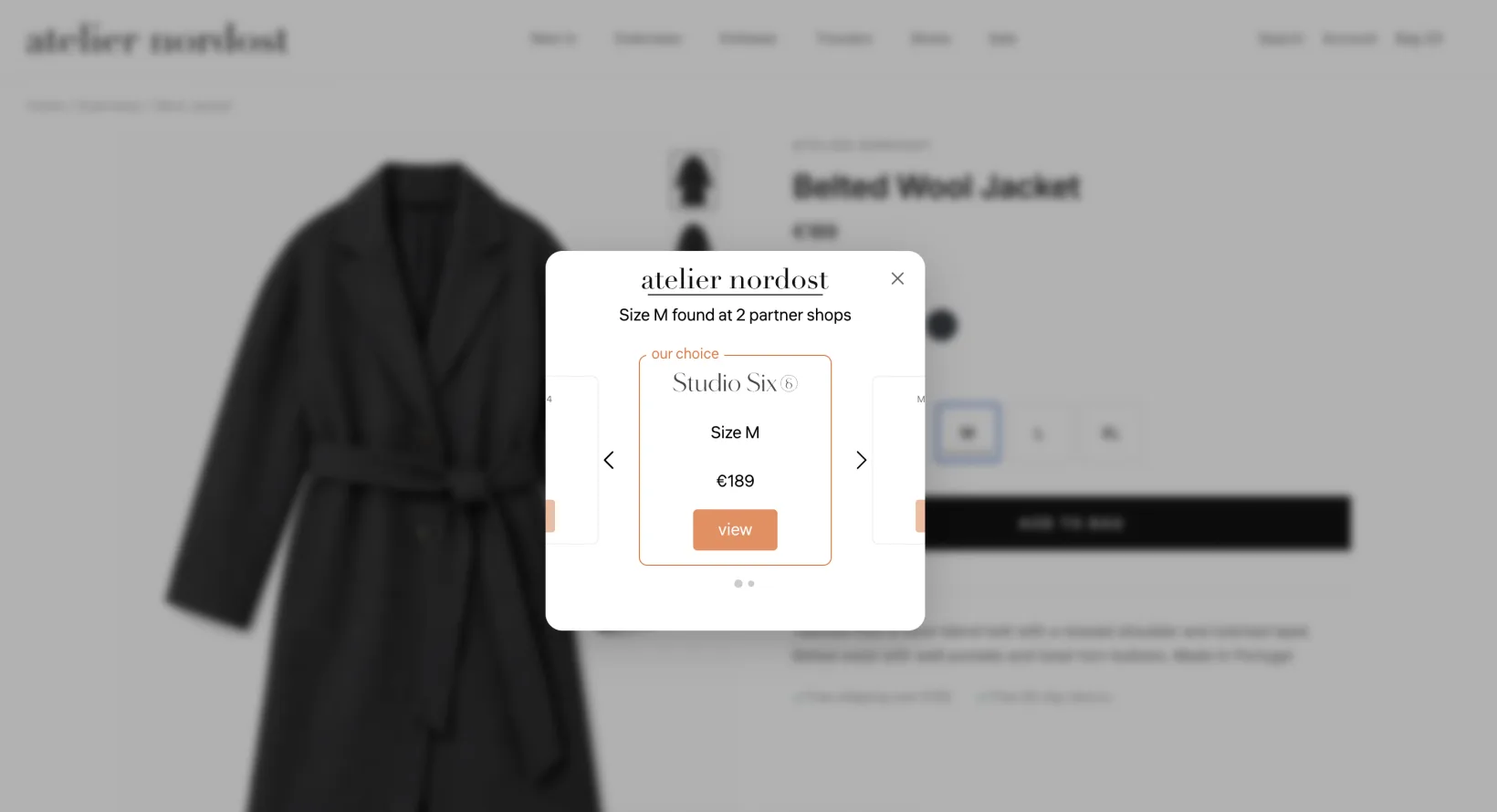 Handoff overlay open over Atelier Nordost, showing the size in stock at Studio Six