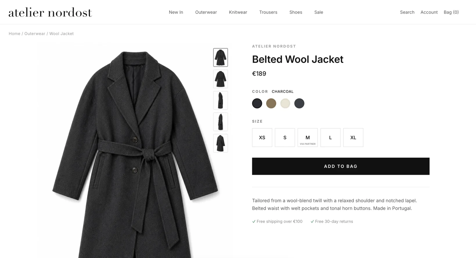 Atelier Nordost product page with a sold-out size labelled VIA PARTNER