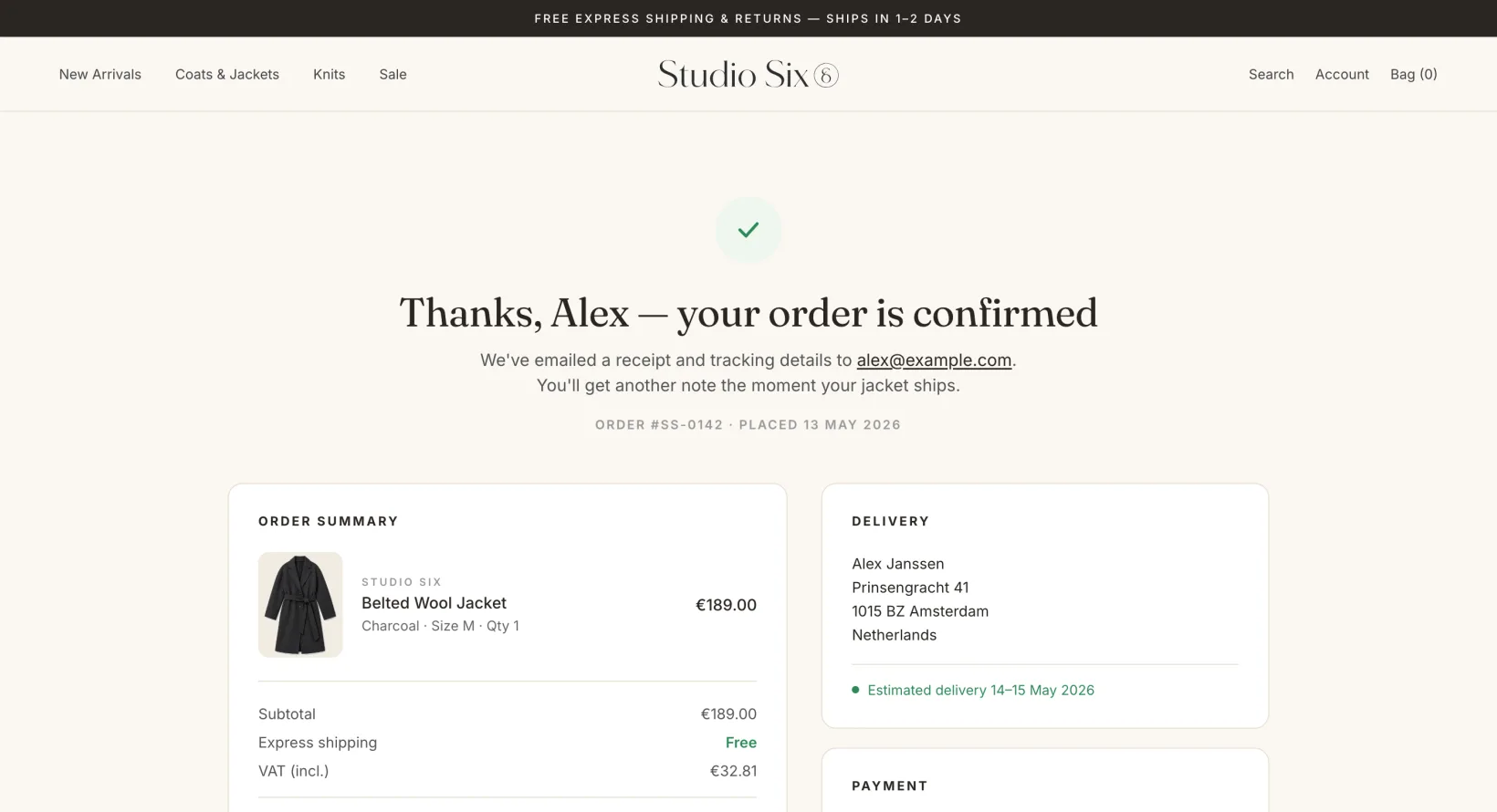 Studio Six order confirmation page