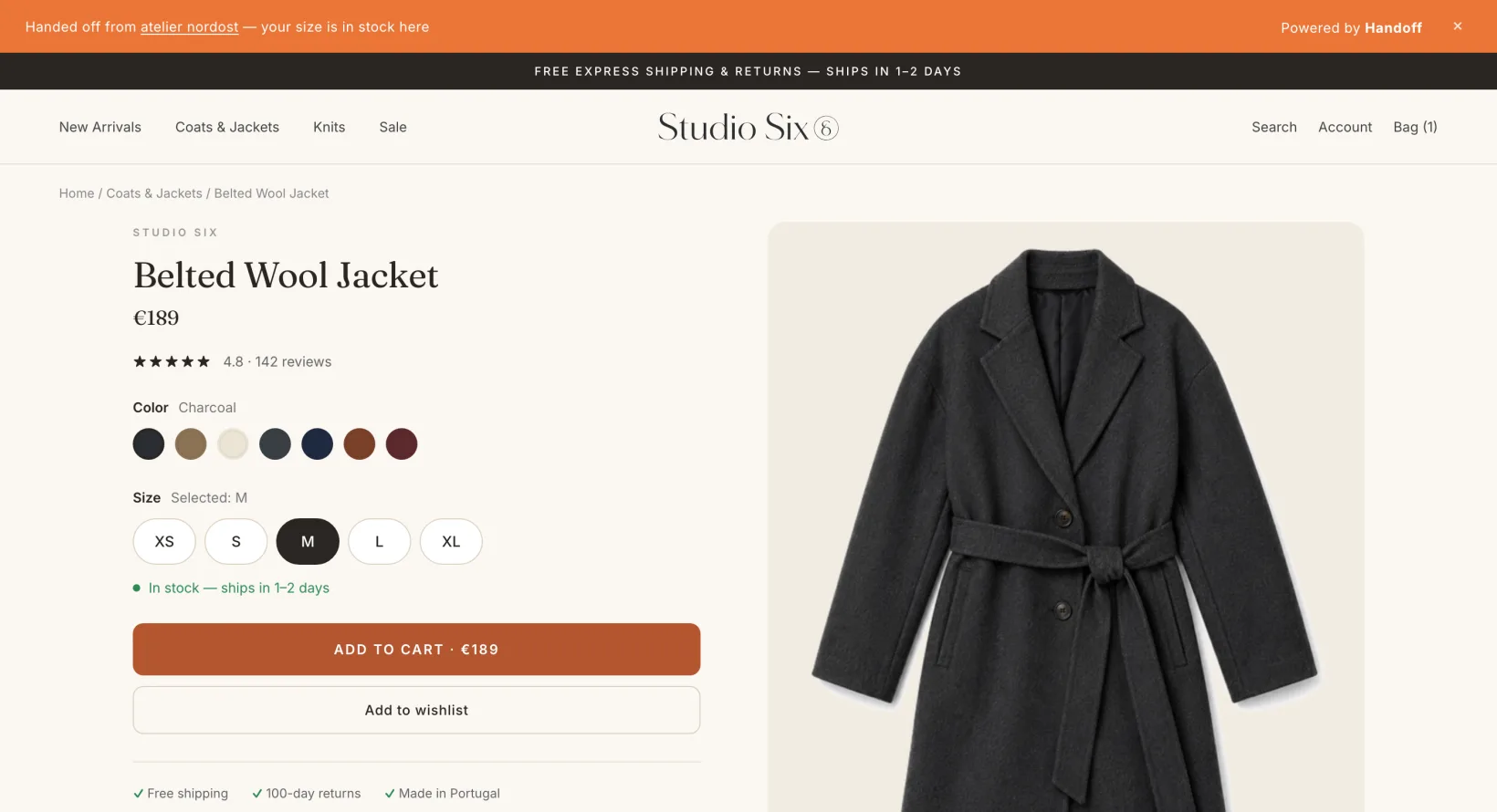 Studio Six product page with a Handoff banner confirming the handoff